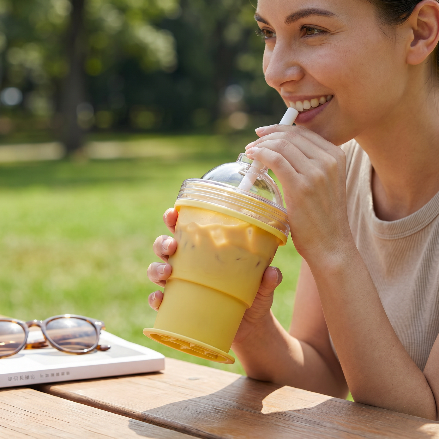 2-in-1 Eiswürfel-Becher – Faltbar, mit Strohhalm & Silikonform für unterwegs