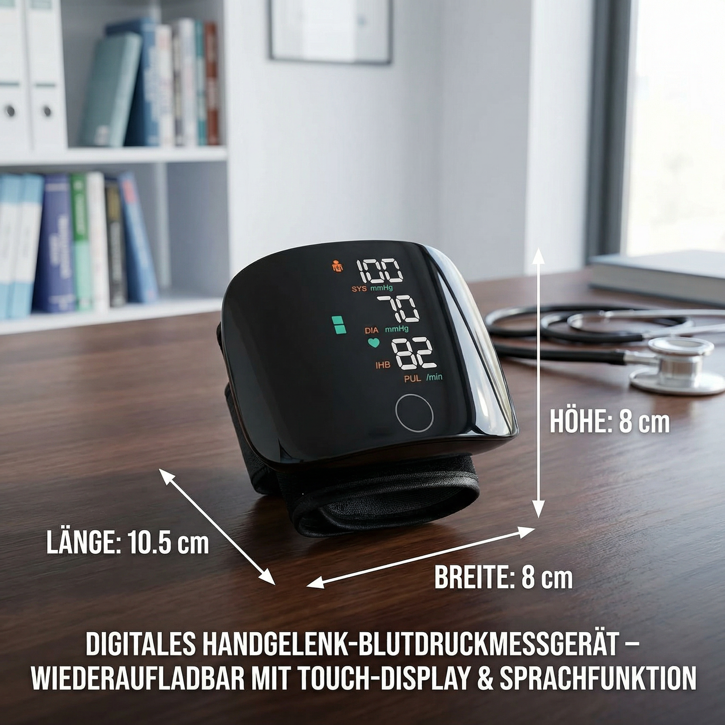 Digitales Handgelenk-Blutdruckmessgerät – Wiederaufladbar mit Touch-Display & Sprachfunktion