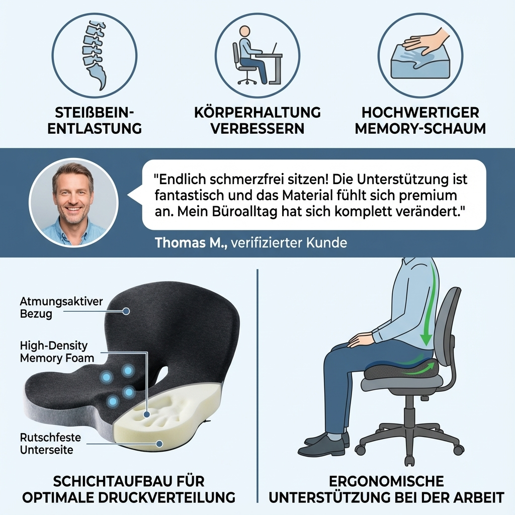 Orthopädisches Sitzkissen mit Memory-Schaum – Entlastung für Steißbein & Rücken