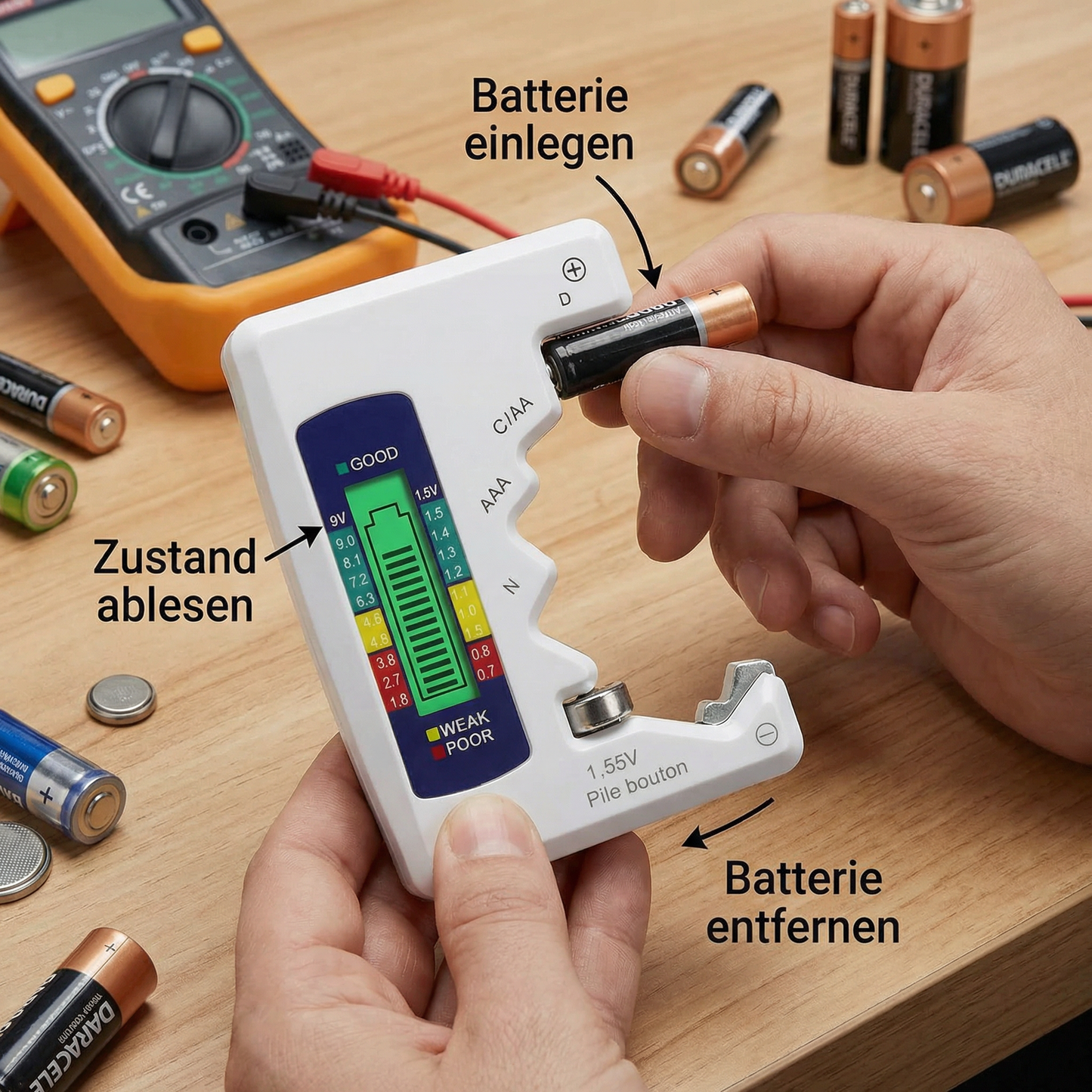 Digitaler Batterie-Tester mit LCD-Display – Kapazitätsprüfer für AA, AAA, C, D, 9V & Knopfzellen