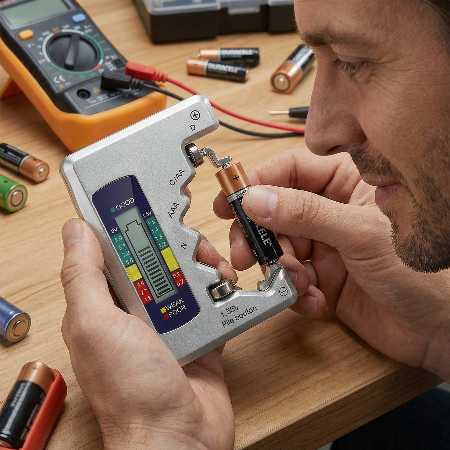 Digitaler Batterie-Tester mit LCD-Display – Kapazitätsprüfer für AA, AAA, C, D, 9V & Knopfzellen