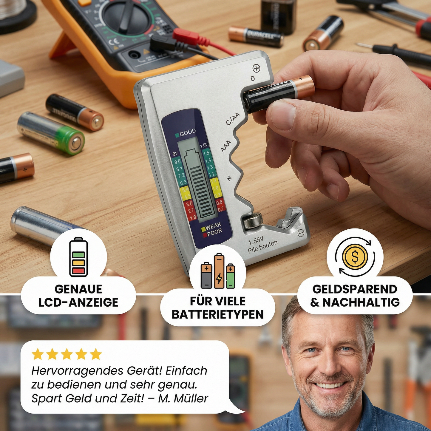 Digitaler Batterie-Tester mit LCD-Display – Kapazitätsprüfer für AA, AAA, C, D, 9V & Knopfzellen