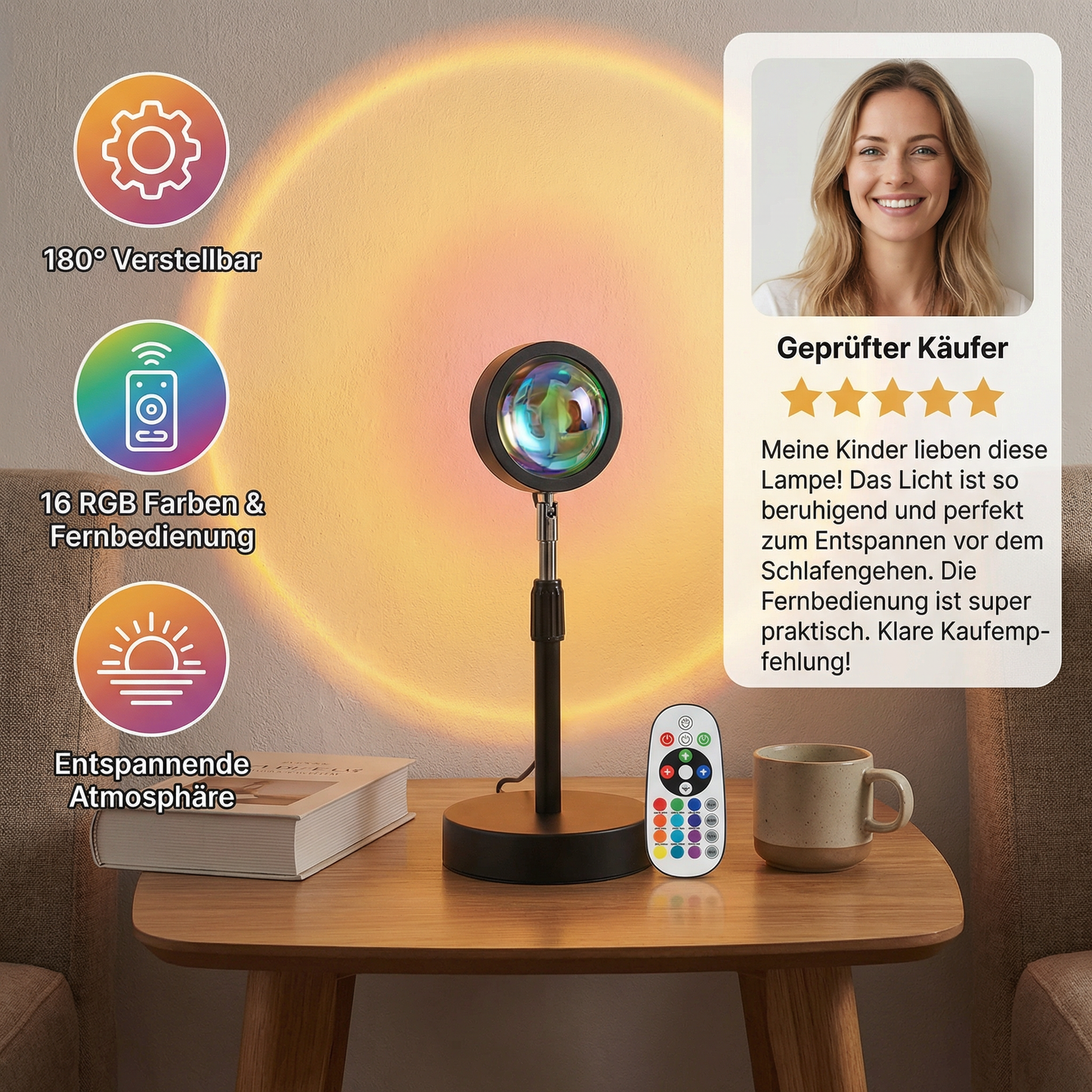 Sunset Projektorlampe – 180° verstellbares Stimmungslicht mit Fernbedienung