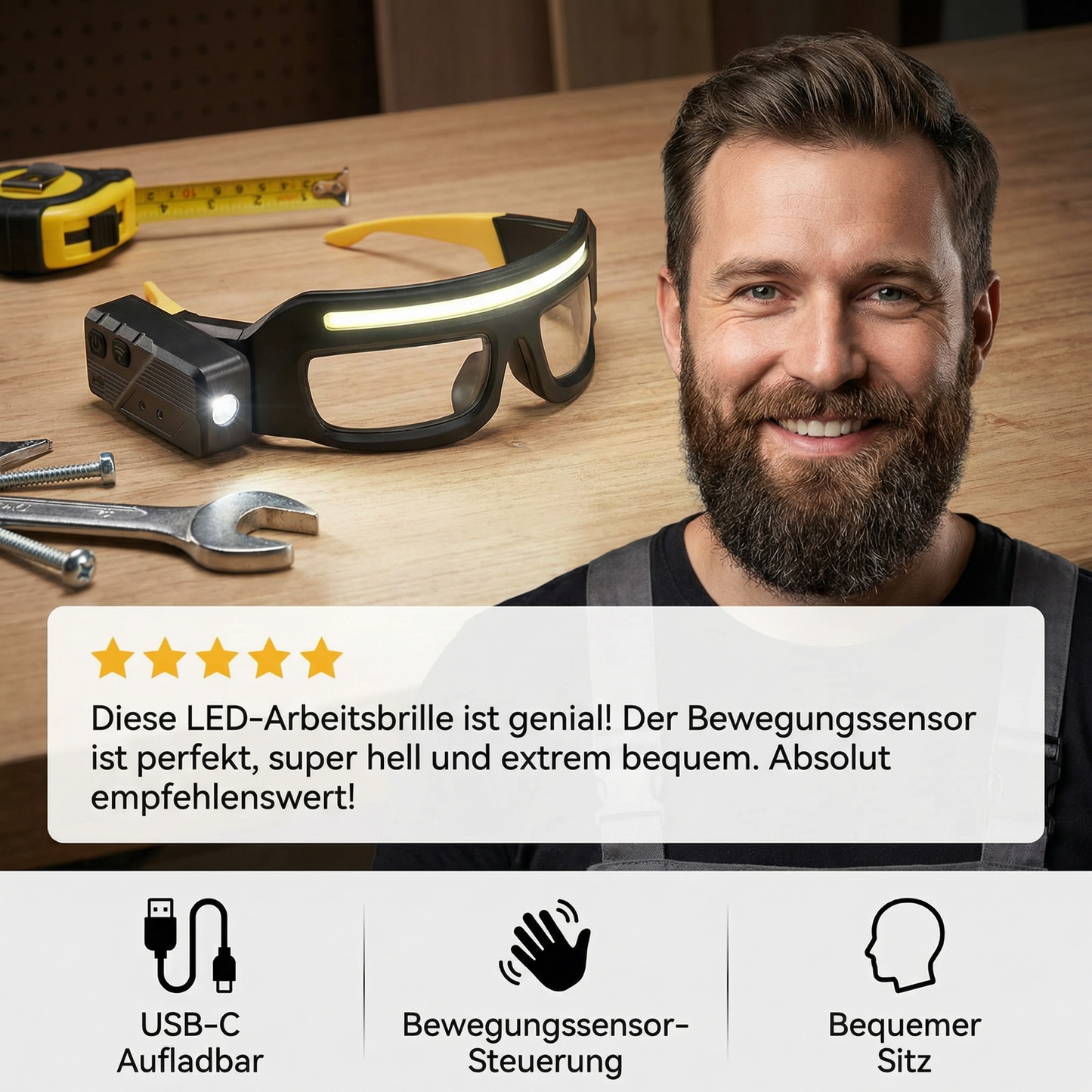 Wiederaufladbare LED Brillen Arbeitsampe mit Bewegungssensor – USB-C Stirnlicht für Arbeiter
