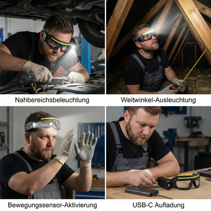 Wiederaufladbare LED Brillen Arbeitsampe mit Bewegungssensor – USB-C Stirnlicht für Arbeiter