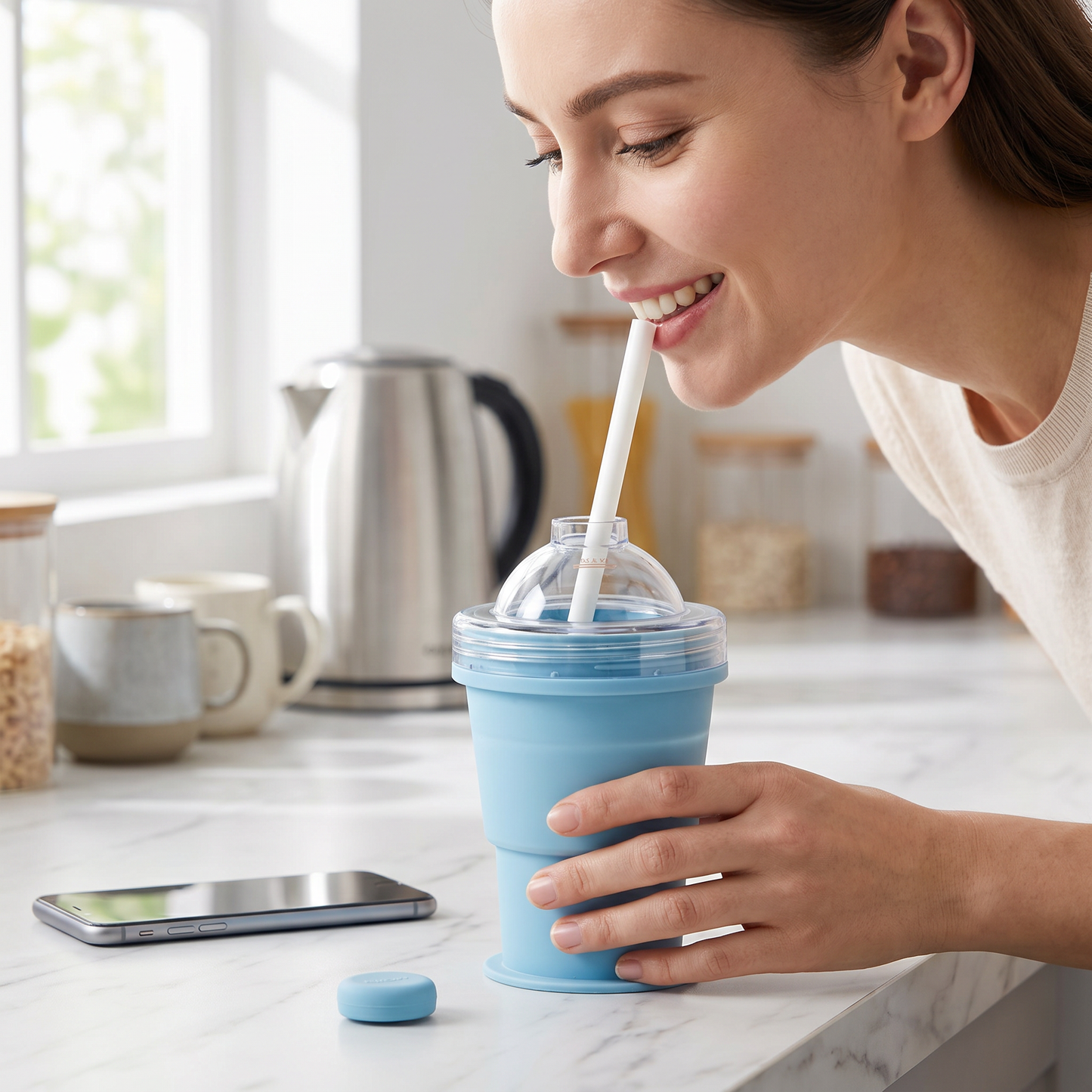 2-in-1 Eiswürfel-Becher – Faltbar, mit Strohhalm & Silikonform für unterwegs