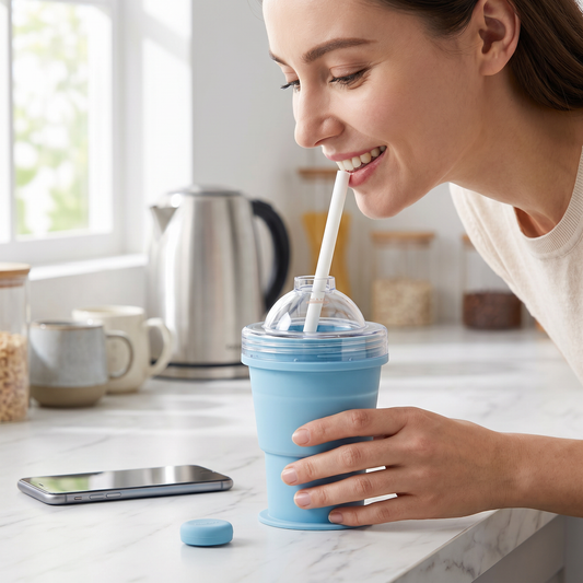 2-in-1 Eiswürfel-Becher – Faltbar, mit Strohhalm & Silikonform für unterwegs