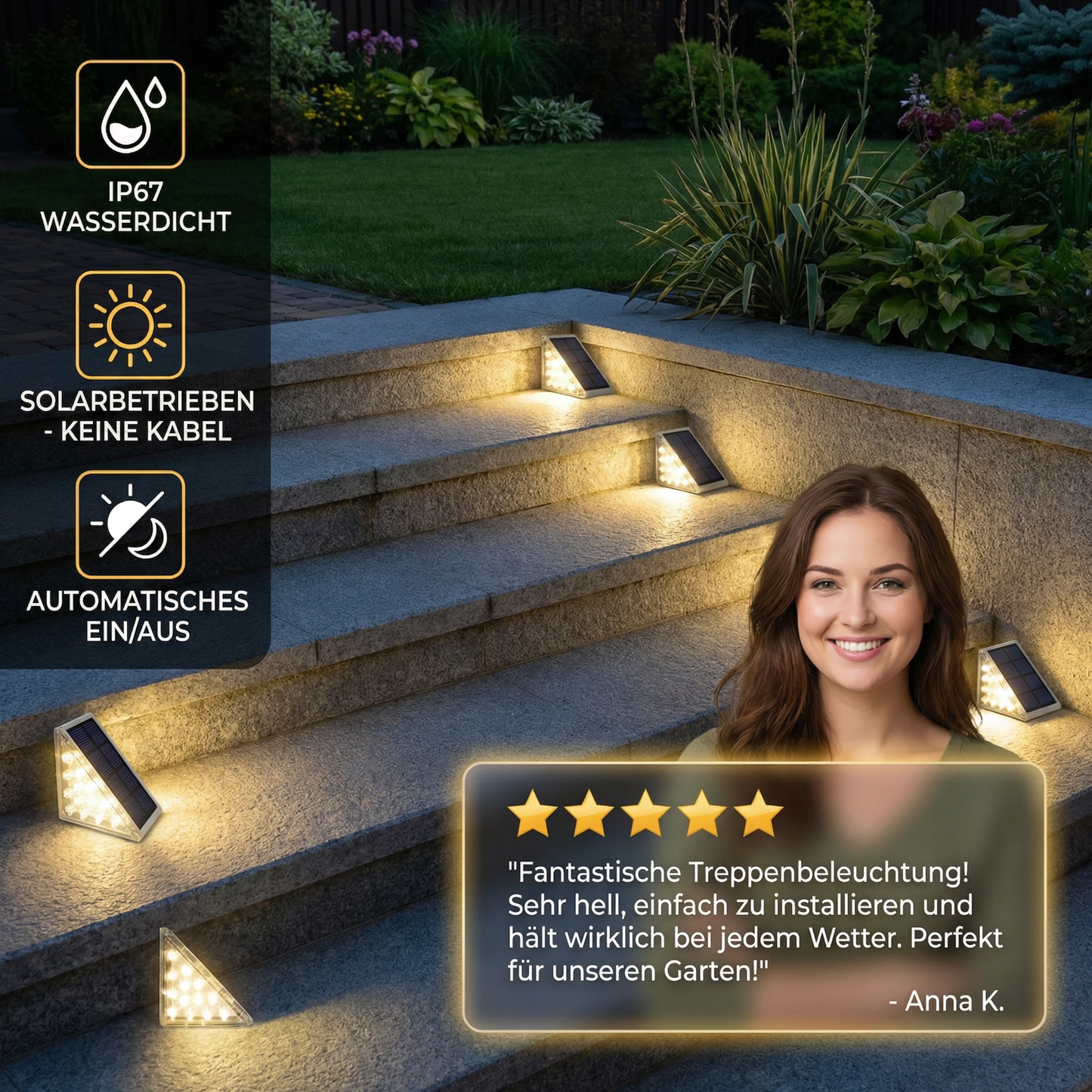 Solar LED Stufenleuchte – IP67 wasserdichte Treppen- & Wegebeleuchtung
