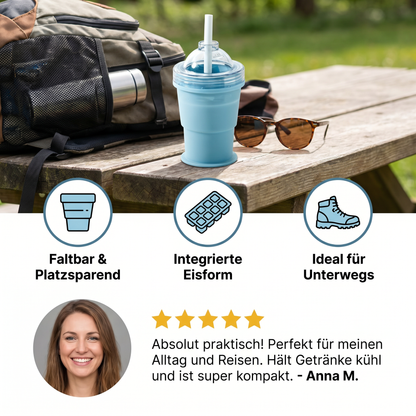 2-in-1 Eiswürfel-Becher – Faltbar, mit Strohhalm & Silikonform für unterwegs