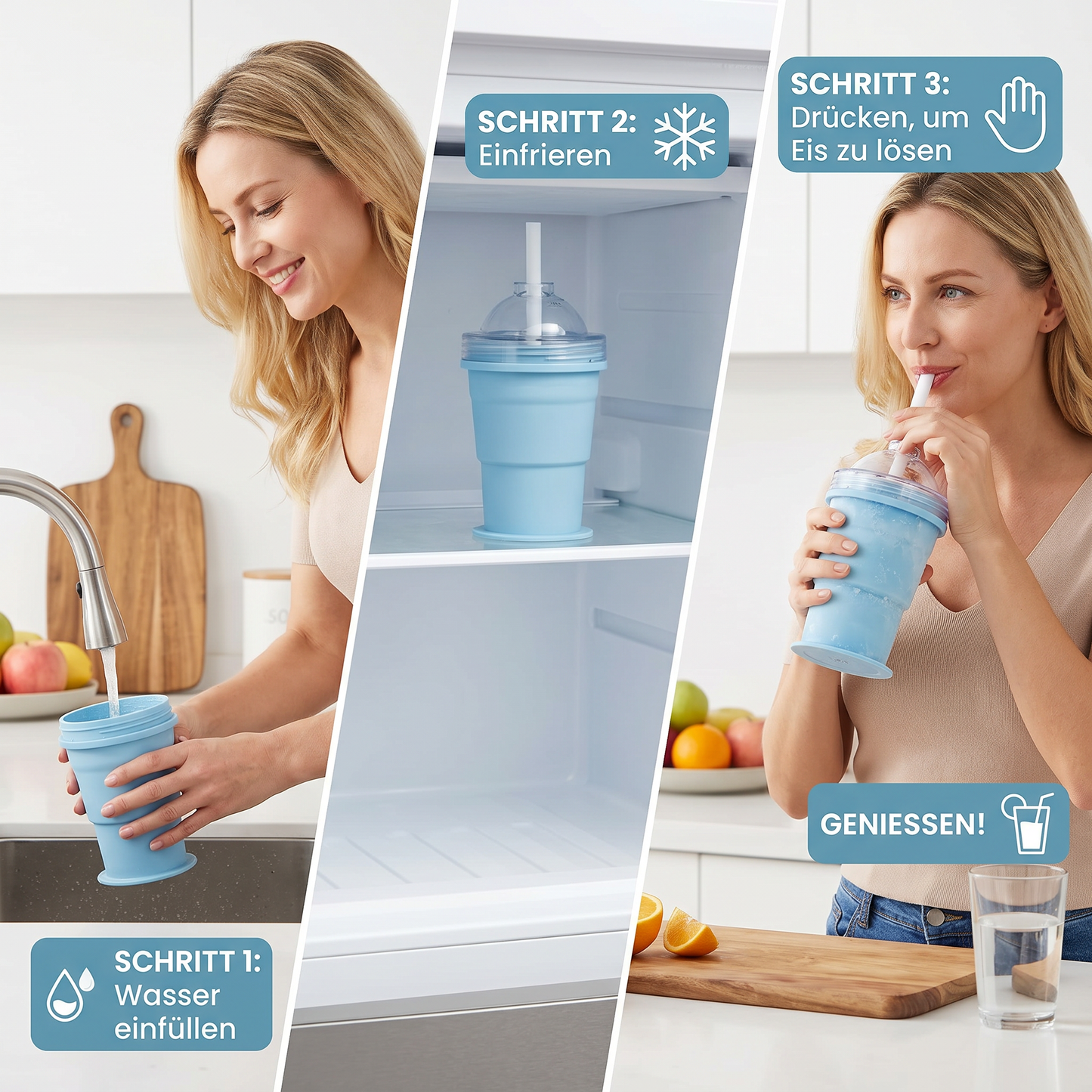 2-in-1 Eiswürfel-Becher – Faltbar, mit Strohhalm & Silikonform für unterwegs