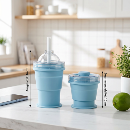 2-in-1 Eiswürfel-Becher – Faltbar, mit Strohhalm & Silikonform für unterwegs