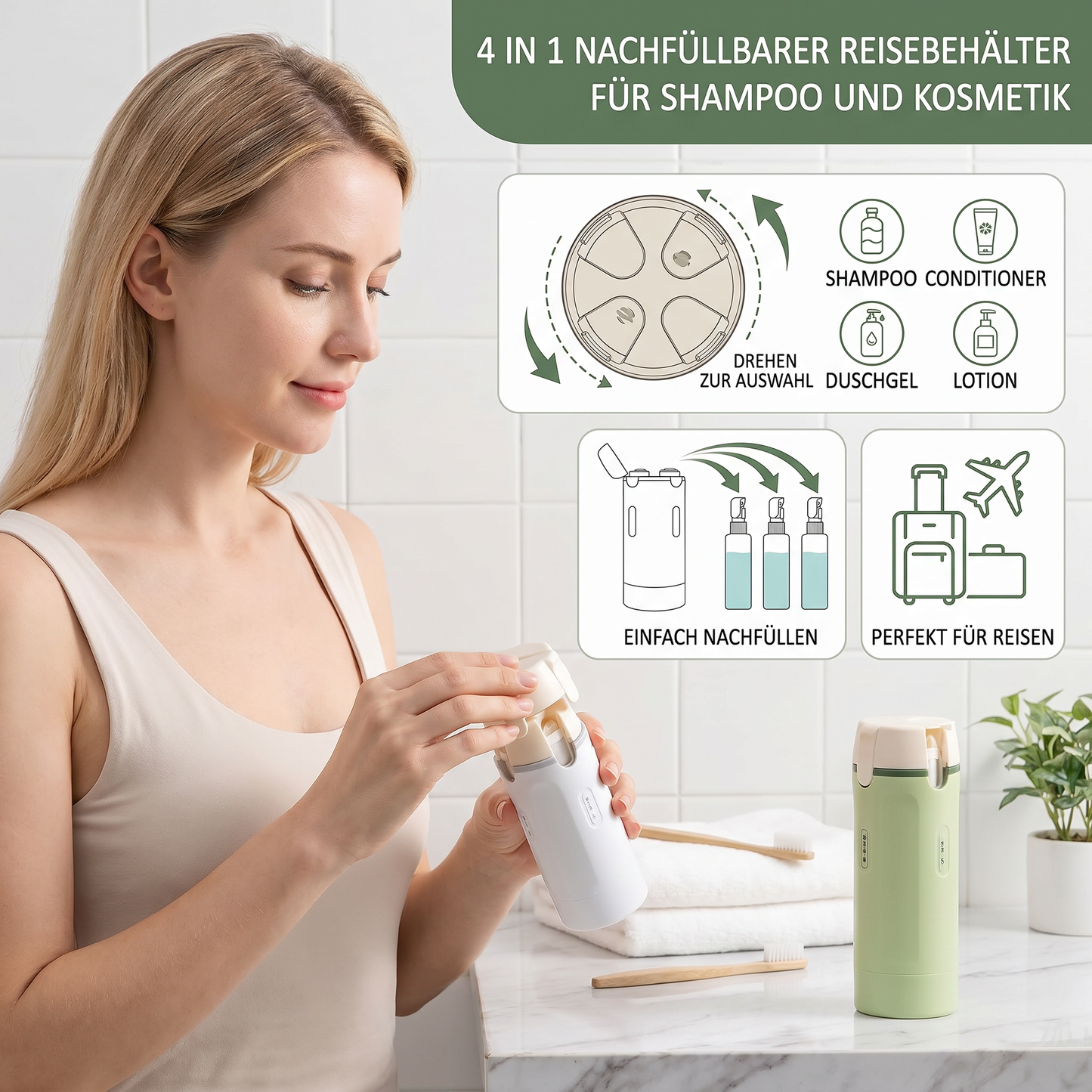 4 in 1 nachfüllbare Reisebehälter für Shampoo und Kosmetik