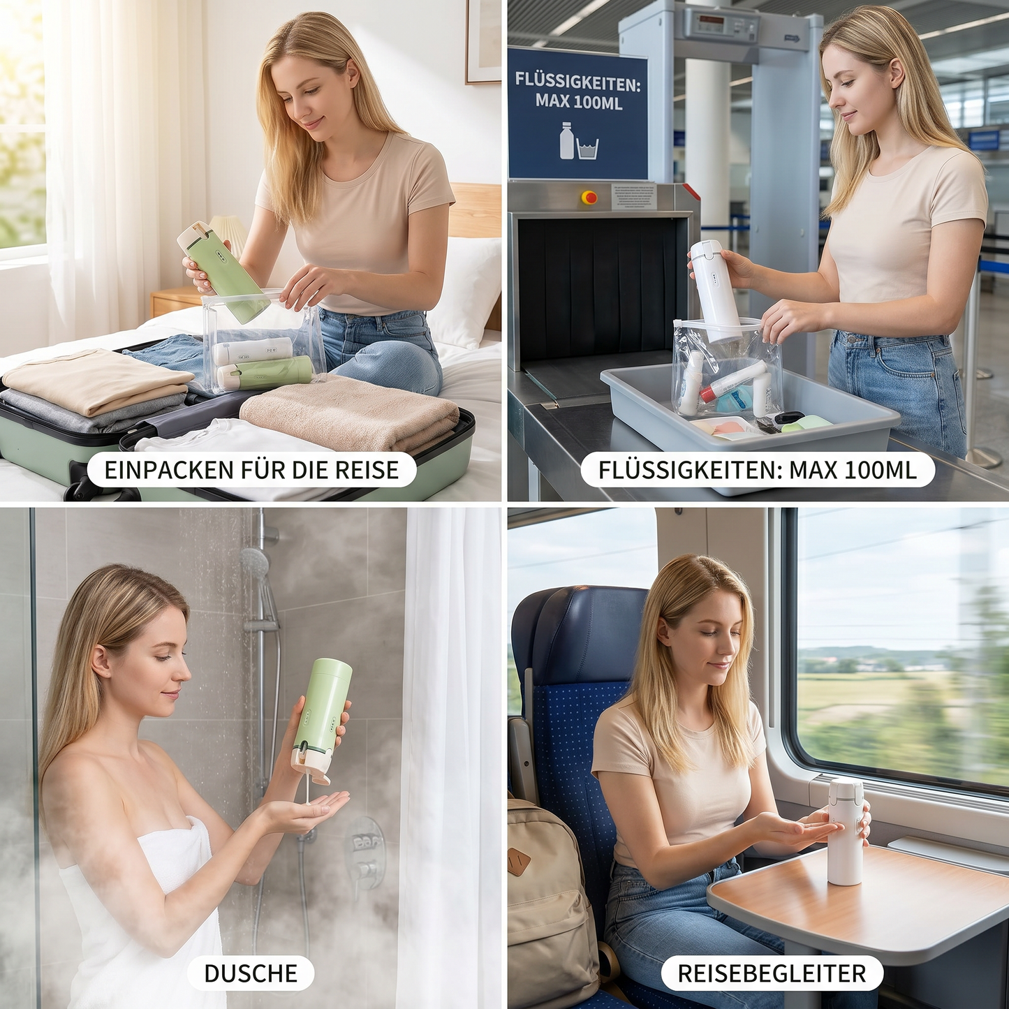 4 in 1 nachfüllbare Reisebehälter für Shampoo und Kosmetik