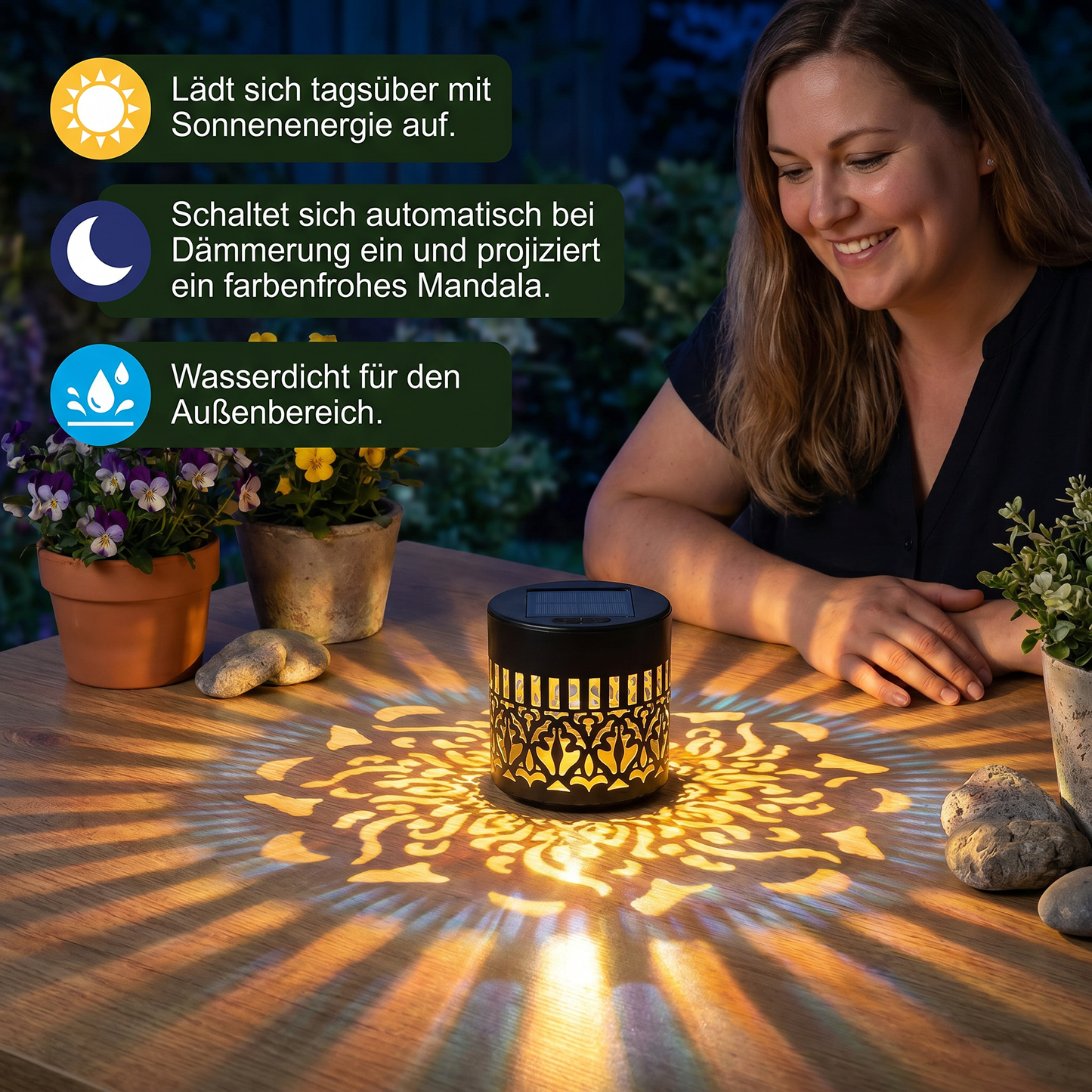 Farbenfrohe Solar-Mandala-Gartenleuchte – Wasserdichte LED-Wandprojektionslaterne für den Außenbereich
