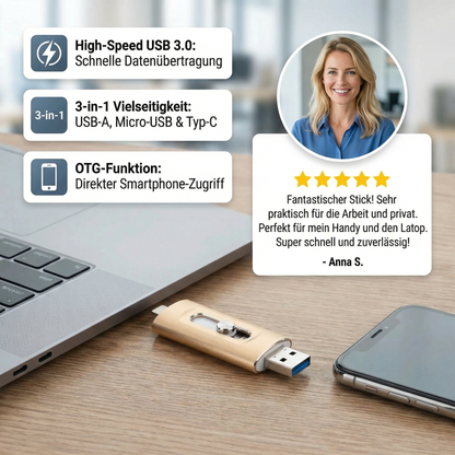 3-in-1 USB-Speicherstick – High-Speed USB 3.0 OTG-Stick mit Type-C-Adapter für Smartphone & PC