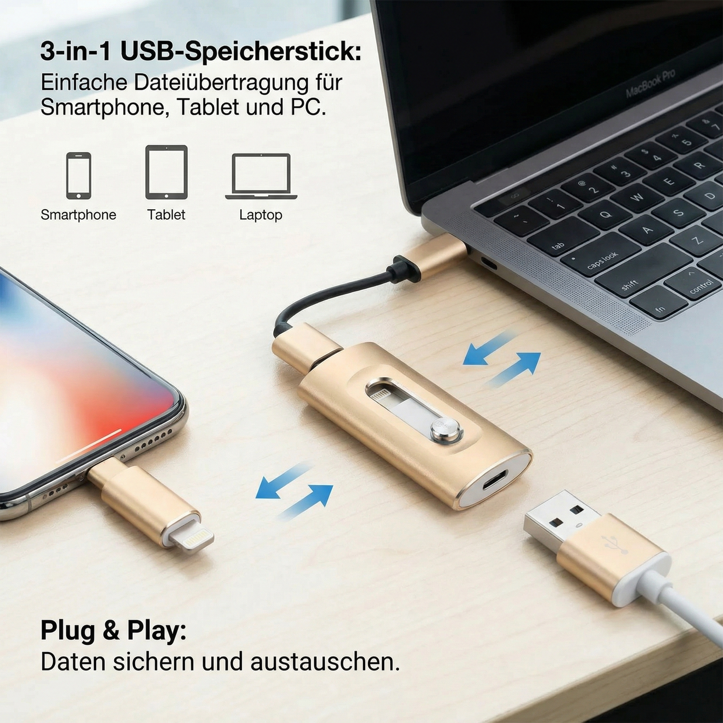 3-in-1 USB-Speicherstick – High-Speed USB 3.0 OTG-Stick mit Type-C-Adapter für Smartphone & PC
