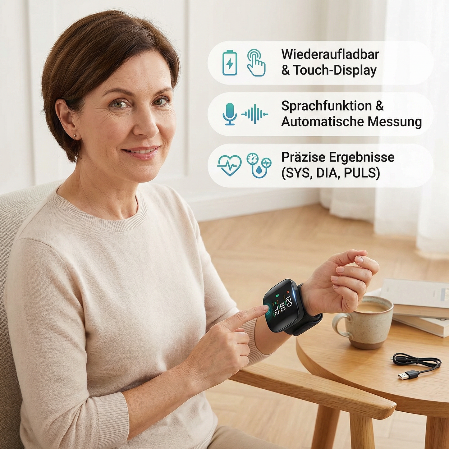 Digitales Handgelenk-Blutdruckmessgerät – Wiederaufladbar mit Touch-Display & Sprachfunktion