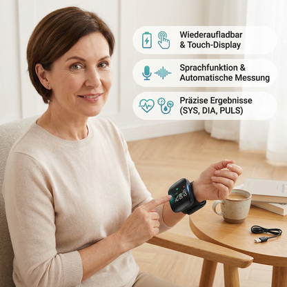 Digitales Handgelenk-Blutdruckmessgerät – Wiederaufladbar mit Touch-Display & Sprachfunktion