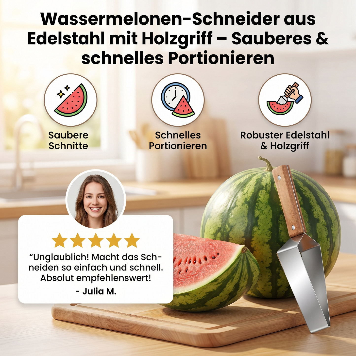 Wassermelonen-Schneider aus Edelstahl mit Holzgriff – Sauberes & schnelles Portionieren