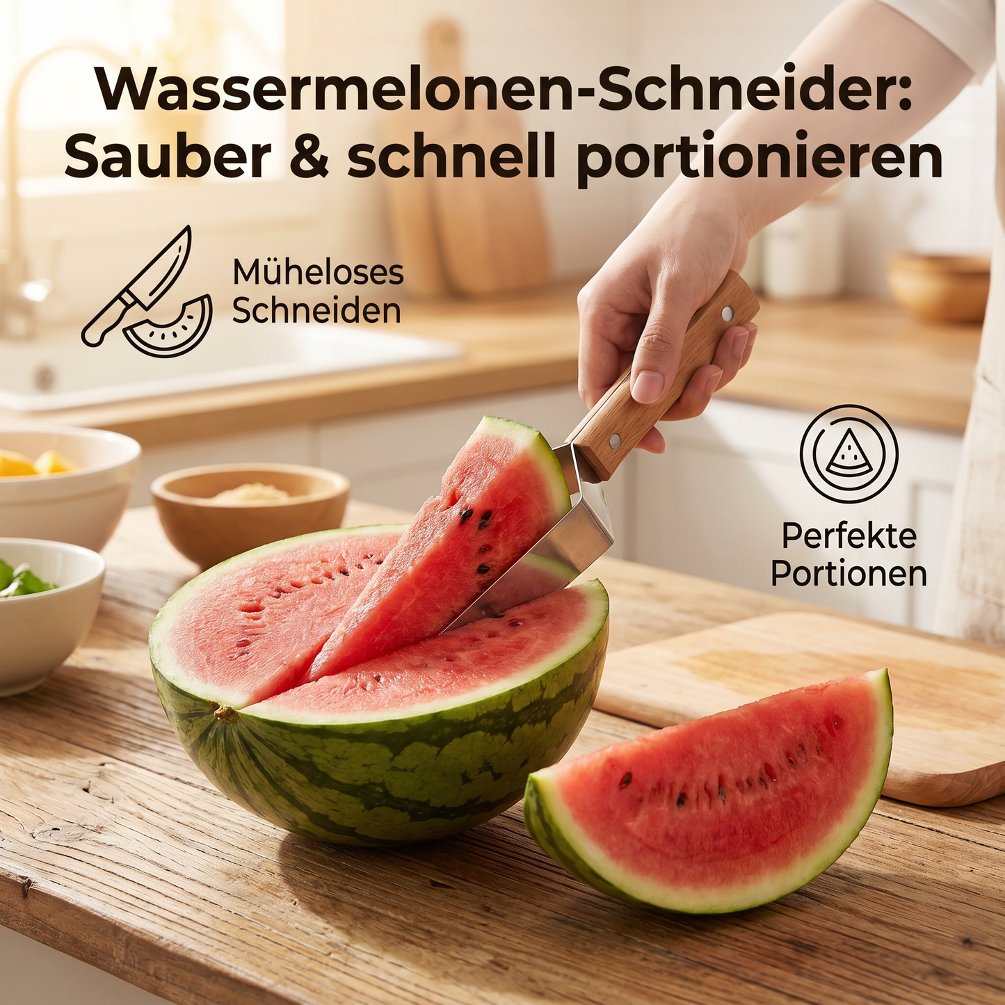 Wassermelonen-Schneider aus Edelstahl mit Holzgriff – Sauberes & schnelles Portionieren