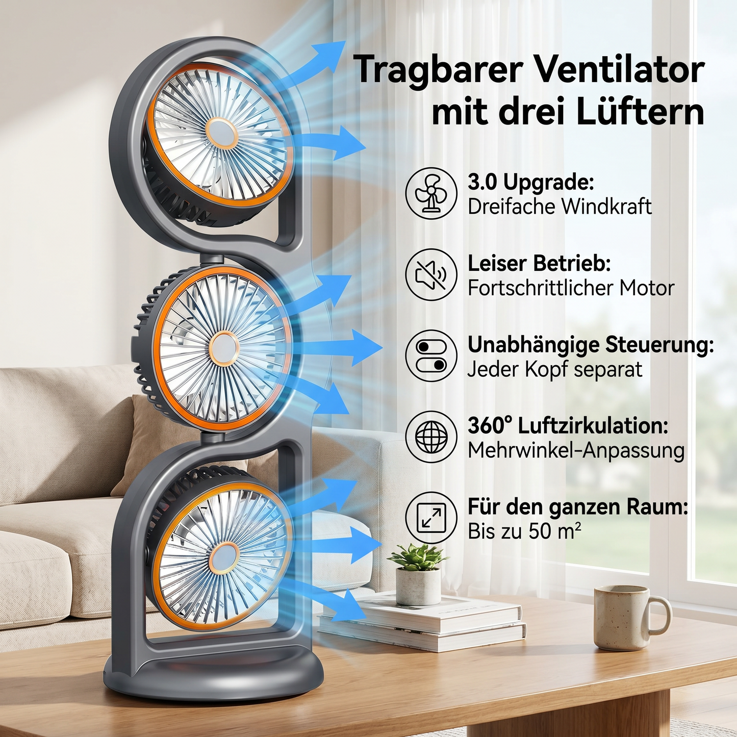 Tragbarer Ventilator mit drei Lüftern