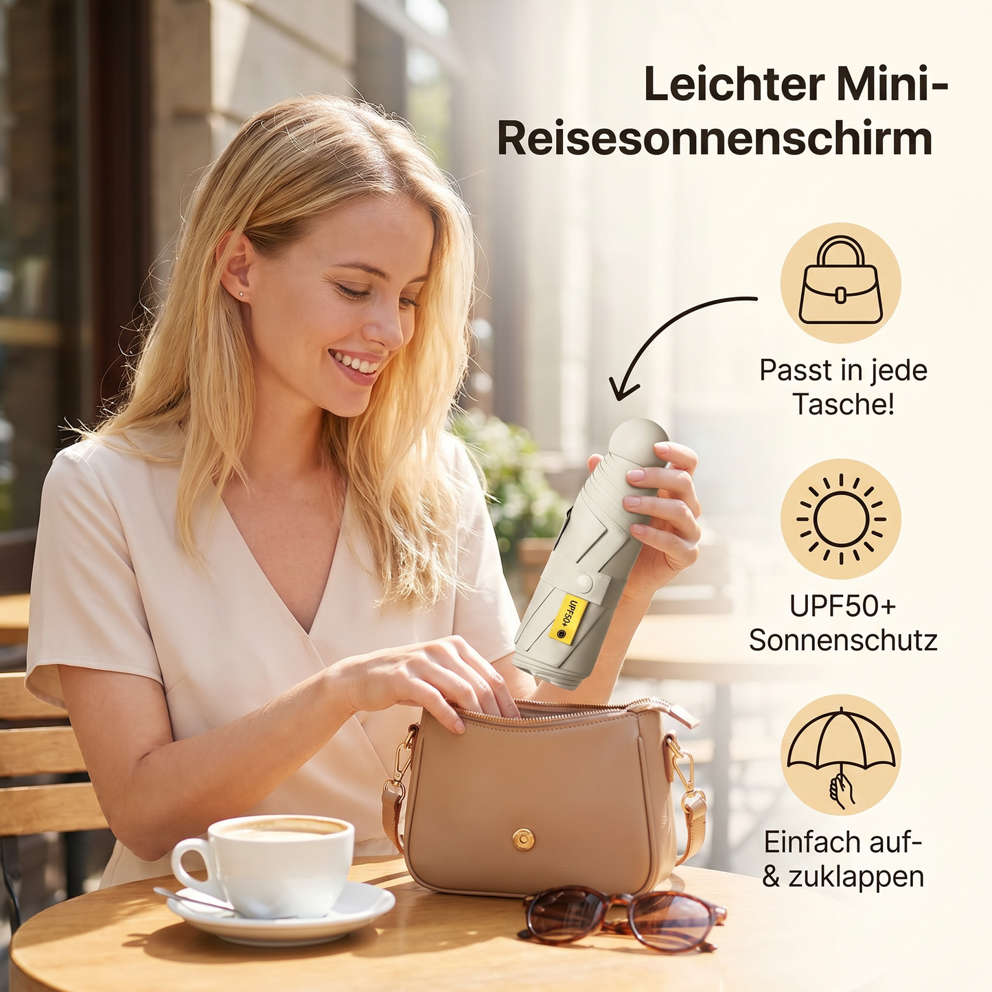 Leichter Mini-Reisesonnenschirm – passt in jede Tasche