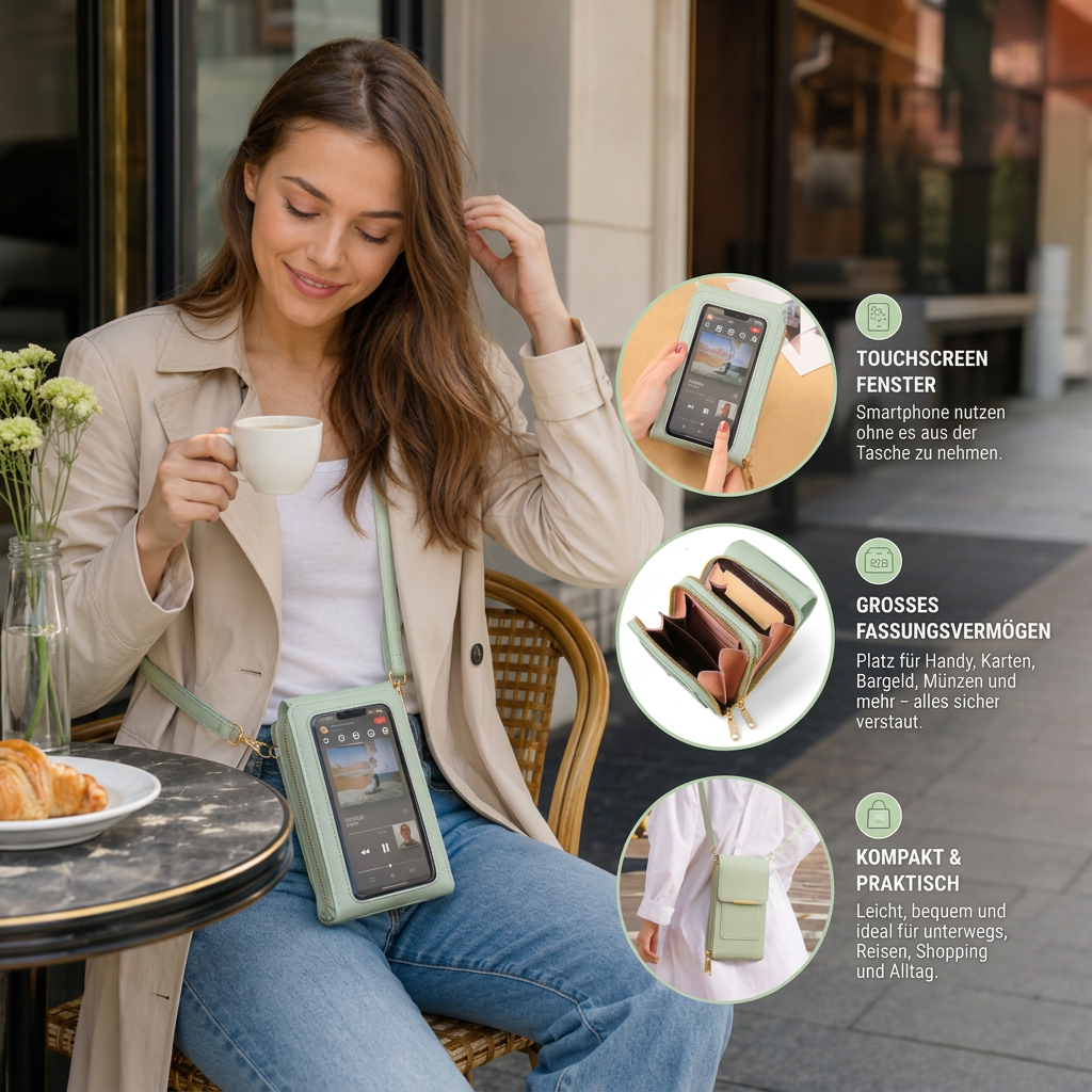Touchscreen-Umhängetasche für das Handy – Kompaktes Etui für Handy, Schlüssel und das Nötigste