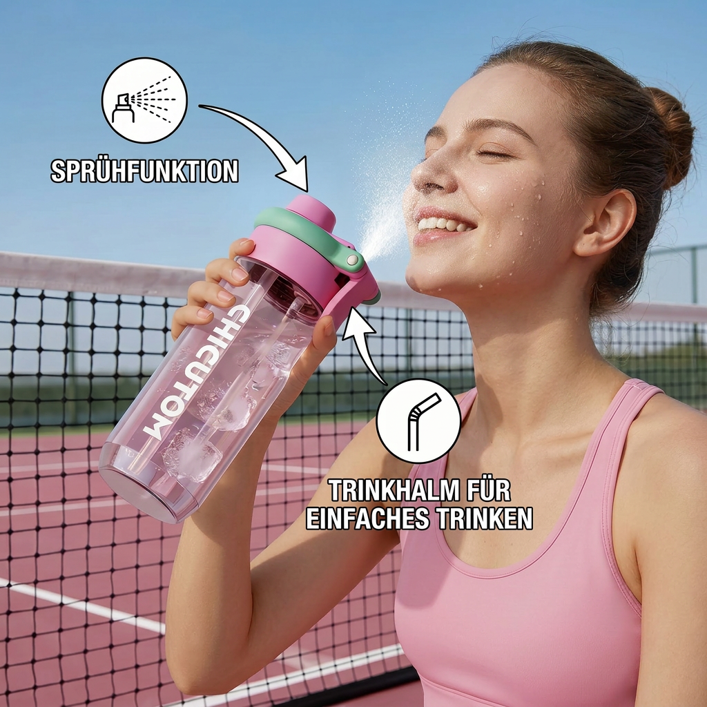 2-in-1 Sport-Trinkflasche mit Sprühfunktion & Strohhalm – Großes Fassungsvermögen & auslaufsicher