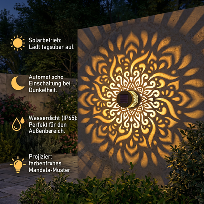 Farbenfrohe Solar-Mandala-Gartenleuchte – Wasserdichte LED-Wandprojektionslaterne für den Außenbereich