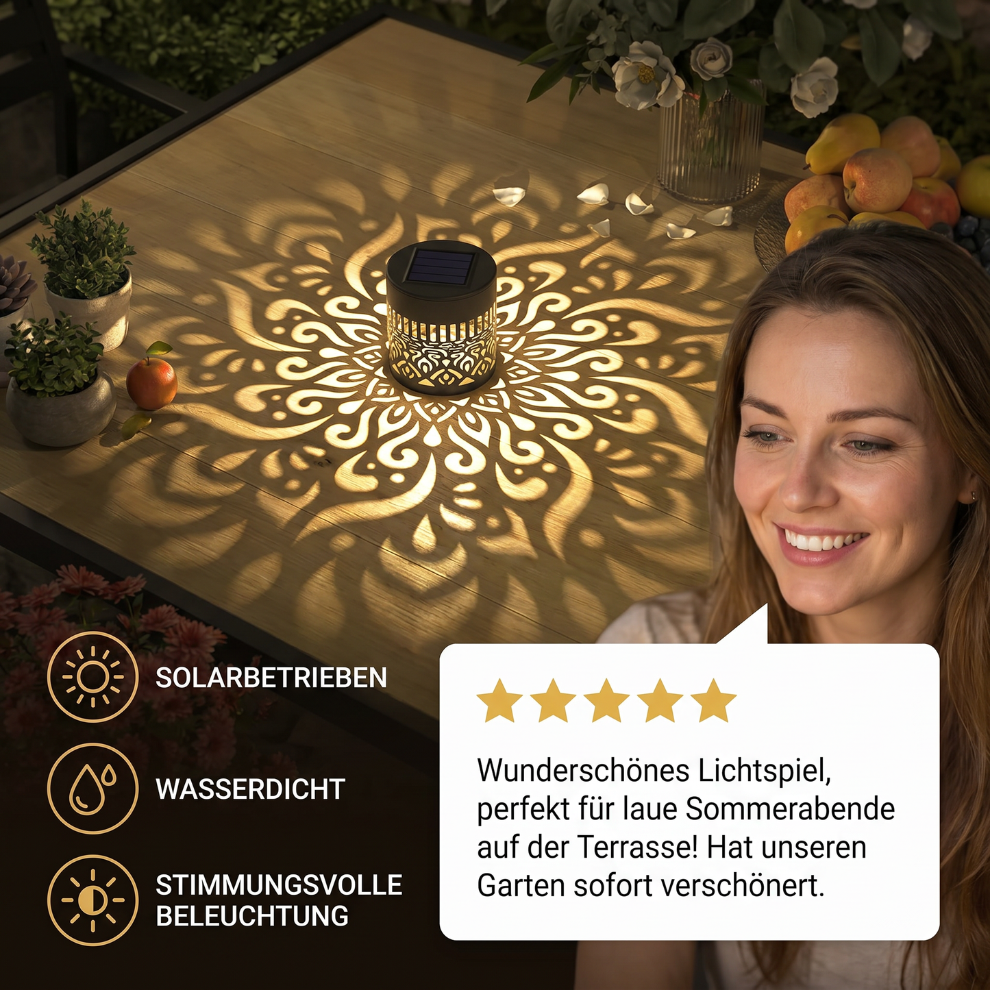 Farbenfrohe Solar-Mandala-Gartenleuchte – Wasserdichte LED-Wandprojektionslaterne für den Außenbereich