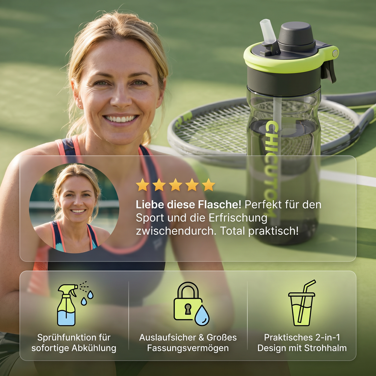 2-in-1 Sport-Trinkflasche mit Sprühfunktion & Strohhalm – Großes Fassungsvermögen & auslaufsicher