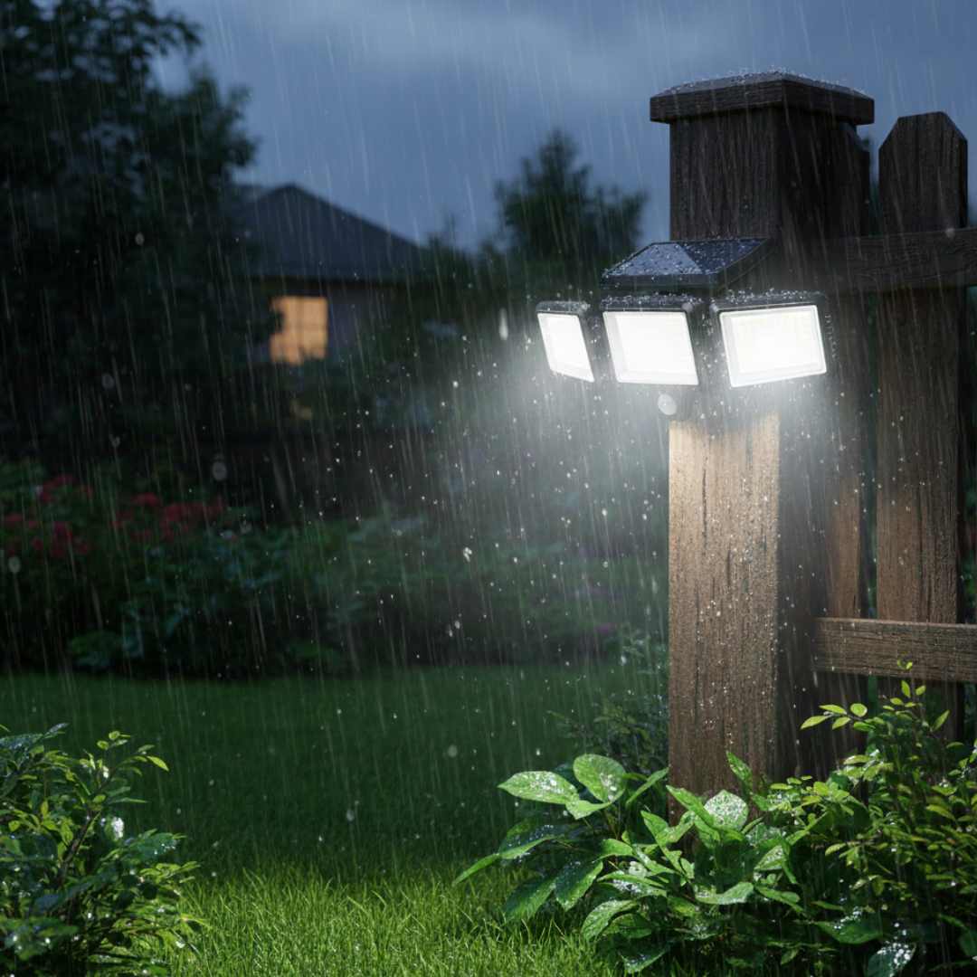 Wasserfeste LED Solar-Außenleuchte mit 3 Strahlern – 3 Lichtmodi & Bewegungsausleuchtung