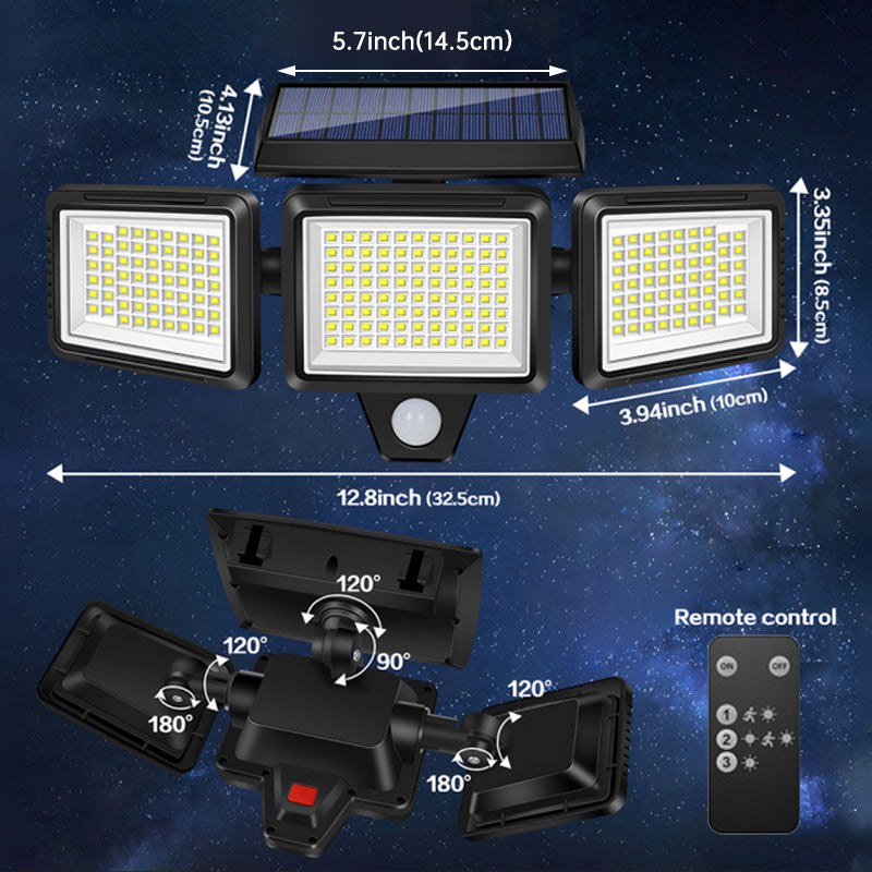 Wasserfeste LED Solar-Außenleuchte mit 3 Strahlern – 3 Lichtmodi & Bewegungsausleuchtung