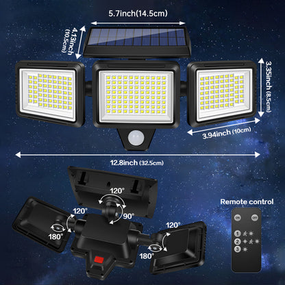 Wasserfeste LED Solar-Außenleuchte mit 3 Strahlern – 3 Lichtmodi & Bewegungsausleuchtung