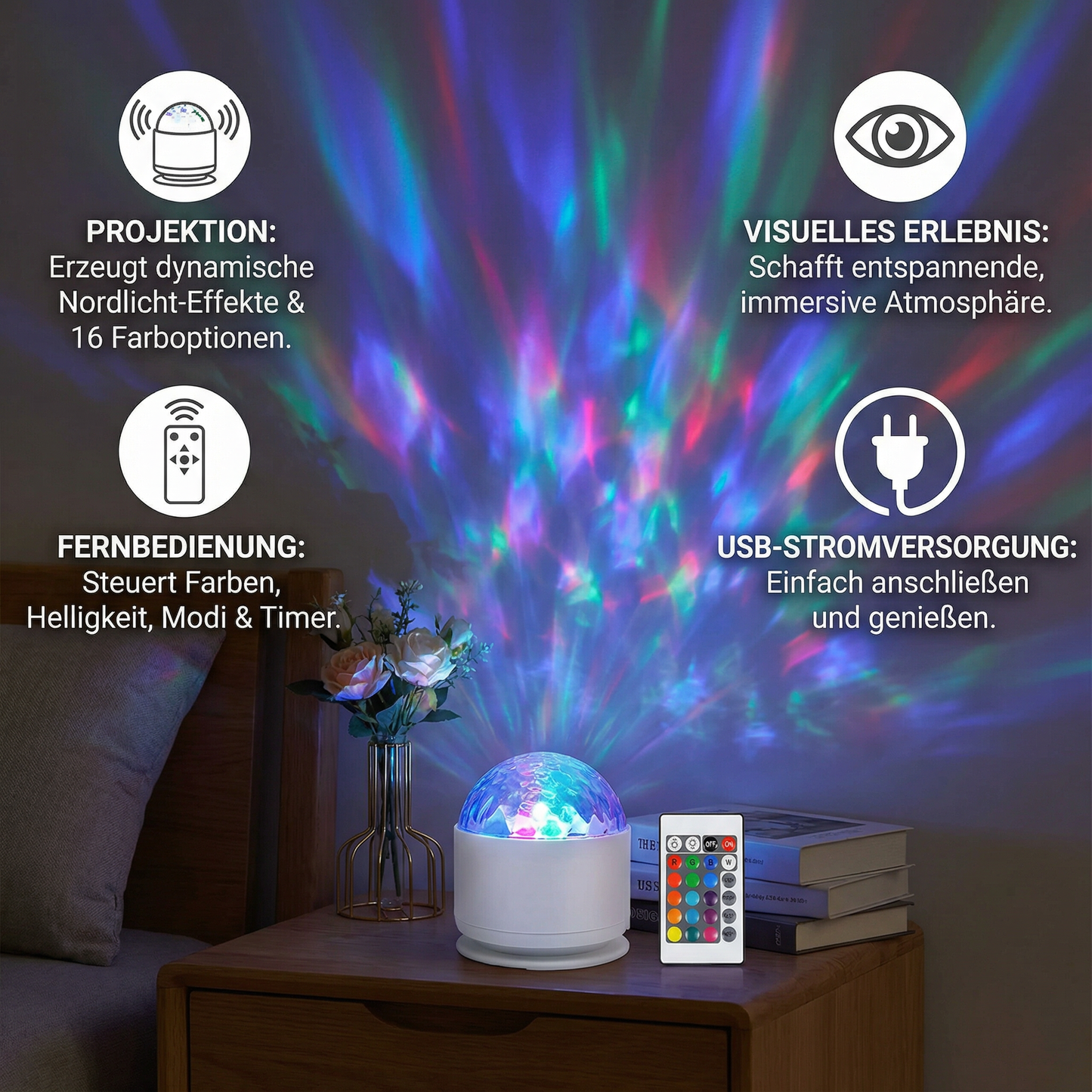 LED Nordlicht-Projektorlampe – 16 Farben & Fernbedienung