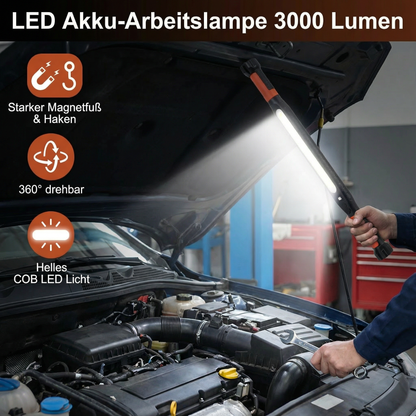 LED Akku-Arbeitslampe 3000 Lumen – Magnetfuß & Haken, 360° drehbar