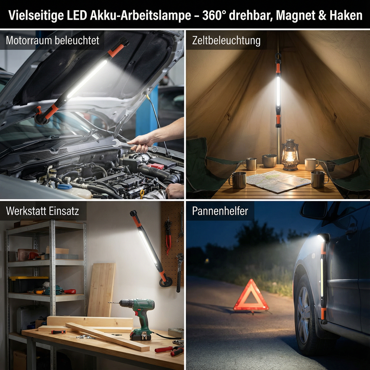 LED Akku-Arbeitslampe 3000 Lumen – Magnetfuß & Haken, 360° drehbar