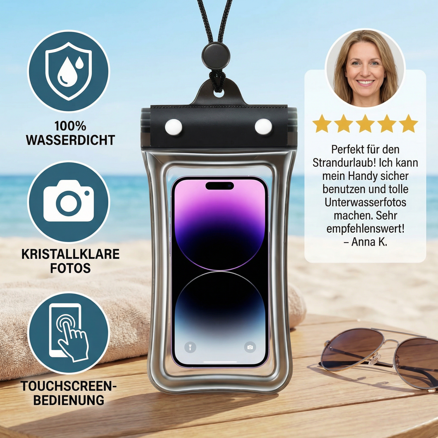 Wasserdichte Handyhülle – Transparenter Touchscreen Beutel mit Umhängeband für Strand, Schwimmen & Tauchen